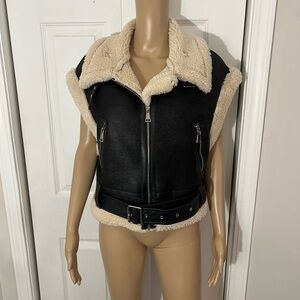 Cherry Koko Black and Cream Shearling Moto Faux Leather Vest,small